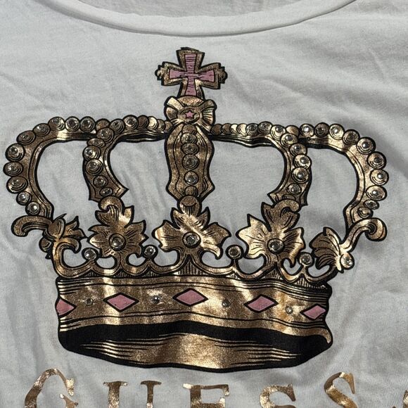 Guess T-Shirt Top (Women’s Size XL) Metallic Graphic Logo White Tee - Picture 5 of 5